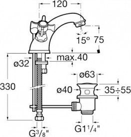 Змішувач для раковини двухвентильний Roca Florentina з донним клапаном латунь хром A5072118A1