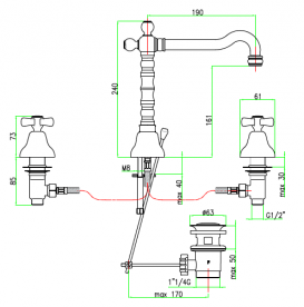 Смеситель для раковины Fiore Margot на 3 отверстия золото 26OO0629(0637)
