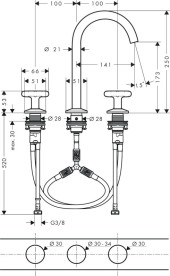 Смеситель для раковины Hansgrohe Axor One на 3 отверстия с донным клапаном матовая латунь 48040950