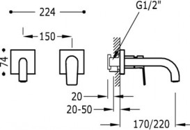Смеситель для раковины однорычажный настенный скрытый Tres Project-Tres черный матовый 21120080NM