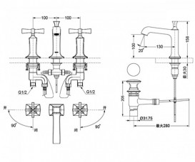 Смеситель для раковины TOTO Classic на 3 отверстия двухвентильный золото DL224A
