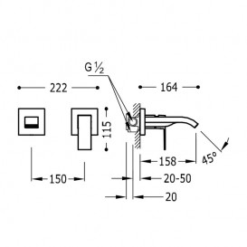 Смеситель для раковины Tres Cuadro Tres настенный однорычажный с каскадным изливом хром 00626010