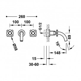 Смеситель для раковины Tres Mont Blanc двухвентильный настенный матовый черный 28330001NM