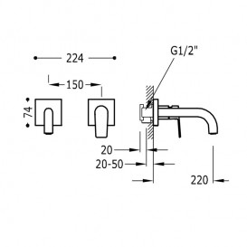 Смеситель для раковины Tres Project colors настенный излив 220 мм золото матовый 21120081OM