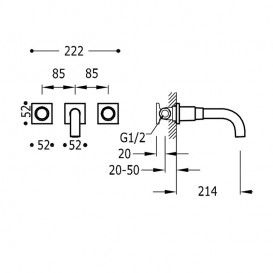 Змішувач для раковини Tres Project colors настінний двовентильний виливши 214 мм чорний матовий 21115201NM