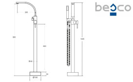 Змішувач для ванної кімнати Besco Decco II підлоговий з душовим гарнітуром графіт BW-DII-GR