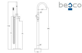 Смеситель для ванной Besco Veo II напольный с душевым гарнитуром черный матовый BW-VII-CZ