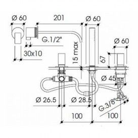 Змішувач для ванної Bonomi Arco двухвентильний з ручним душем монтаж на борт ванни з настінним виливом хром 112315
