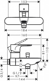 Змішувач для ванної Hansgrohe Rebris S на 2 споживачі настінний одноважільний хром 72442000