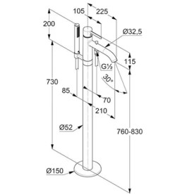 Смеситель для ванной Kludi Bozz напольный с душевым гарнитуром брашированное золото PVD 38590N076
