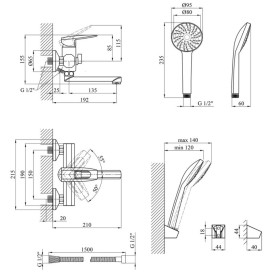 Смеситель для ванной Kroner KRM Kante-C060 с душевым гарнитуром хром CV023581