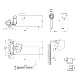 Смеситель для ванной Kroner KRP Enzo-C070 с душевым гарнитуром хром CV023615