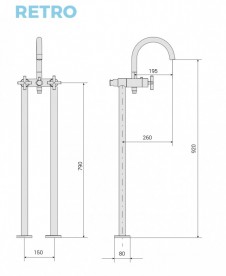 Смеситель для ванной PoolSpa Retro двухвентильный с ручным душем отдельностоящий монтаж на пол хром PD6000079