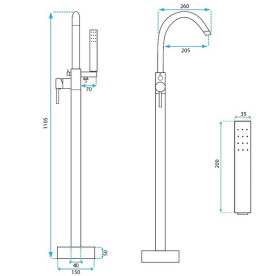 Смеситель для ванной Rea Mono напольный с душевым гарнитуром матовое золото REA-B2716