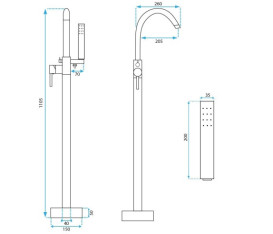 Смеситель для ванной Rea Mono напольный с душевым гарнитуром золото REA-B1130