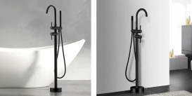 Смеситель для ванной Rea Ortis напольный с душевым гарнитуром черный REA-B0232