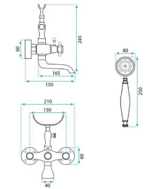 Смеситель для ванной Rea Rustico двухвентильный с душевым гарнитуром матовое золото REA-B0702