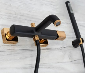 Змішувач для ванної кімнати Rea Salto одновентильний з душовим гарнітуром чорний/рожеве золото REA-B6352