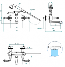 Змішувач для ванної THG ArtDeco cristal двовентильний з ручним душем та шлангом золото A56 H44 00013B