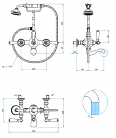 Смеситель для ванной THG Broadway a Manettes двухвентильный с ручным душем и шлангом золото A04 H44 00014B