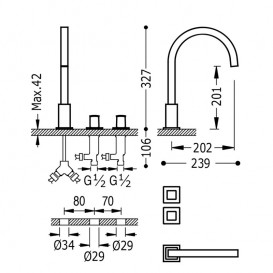 Смеситель для ванной Tres Cuadro colors двухвентильный монтаж на борт ванны золото 00810503OR