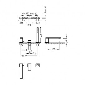 Смеситель для ванной Tres Cuadro colors однорычажный с ручным душем монтаж на борт ванны золото матовый 00616105OM