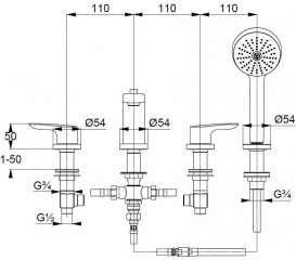 Змішувач для ванни і душа на 4 отвори Kludi Pure Solid хром 344230575