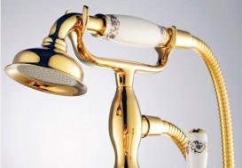 Смеситель двухвентильный Kraus Apollo напольный с ручным душем латунь золото KEF-16019G