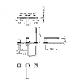 Смеситель на борт ванны Tres Cuadro-Tres с ручным душем хром 00616106