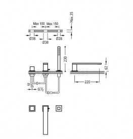 Змішувач на борт ванни Tres Cuadro-Tres з ручним душем хром 00616104