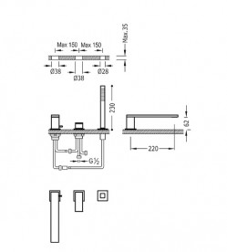 Смеситель на борт ванны Tres Cuadro-Tres с ручным душем хром 00616103