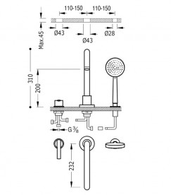 Змішувач на борт ванни Tres Lex-Tres з ручним душем хром 08115001
