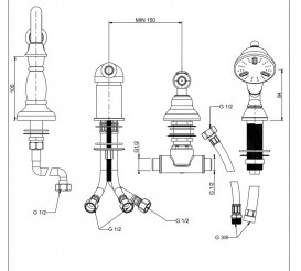 Смеситель однорычажный на борт ванны RESP CAESAR с душем золото 152.378.308 ORO