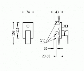 Смеситель скрытый (встраиваемый) для ванны Tres Cuadro-Tres хром 106180