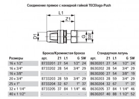 З'єднання пряме TECE TECElogo-Push з накидною гайкою 16х3/8'' латунь/PPSU 8630200