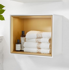 Стелаж для ванної Villeroy & Boch Finion 41,8 х35, 6х27 см з підсвічуванням МДФ глянсовий білий лак/золотий матовий лак F580HFGF