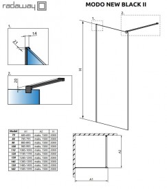 Стенка душевая Radaway Modo New Black II 60 чёрный/прозрачное стекло 389064-54-01