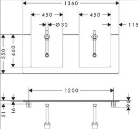 Столешница Hansgrohe Xelu Q 136х55 см с 2 вырезами под раковину 50 см ДСП белый глянцевый 54099050