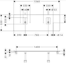 Столешница под раковину Hansgrohe Xelu Q 156х55 с 2 вырезами ДСП белый глянцевый 54126050