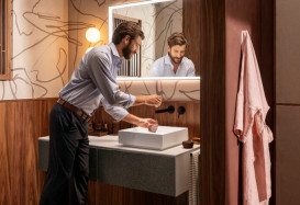 Стільниця під раковину Hansgrohe Xevolos E 137х55 з вирізом праворуч МДФ пісочний матовий бежевий 54334780
