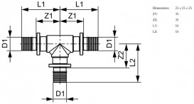Потрійний різьбовій фітінг TECE TECEflex 90 ° равнопроходной 25х25х25 латунь 760025