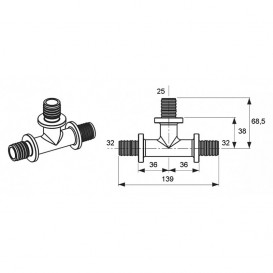 Потрійний різьбовій фітінг TECE TECEflex 90 ° редукційний 32х25х32 латунь 710523