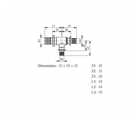 Потрійний різьбовій фітінг TECE TECEflex 90 ° редукційний 32х20 (18) х32 латунь 760519