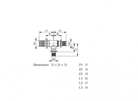 Потрійний різьбовій фітінг TECE TECEflex 90 ° редукційний 32х25х25 латунь 760520