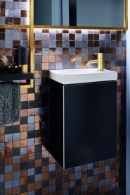 Тумба для раковини Geberit Acanto з одними дверима і сифоном ДСП чорний матовий/чорне глянсове скло 500.607.16.1