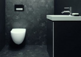 Тумба для раковини Geberit Acanto з одними дверима і сифоном ДСП чорний матовий/чорне глянсове скло 500.607.16.1