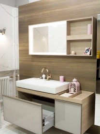 Тумба для раковини Geberit Citterio з двома висувними ящиками і полицею праворуч ДСП бежеве глянцеве скло/бежевий дуб 500.567.JI.1