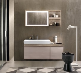 Тумба для раковини Geberit Citterio з двома висувними ящиками і полицею праворуч ДСП бежеве глянцеве скло/бежевий дуб 500.567.JI.1