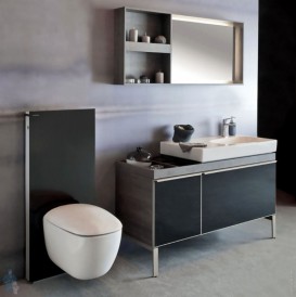 Тумба для раковини Geberit Citterio з двома висувними ящиками і полицею зліва ДСП чорне глянцеве скло/сіро-коричневий дуб 500.568.JJ.1