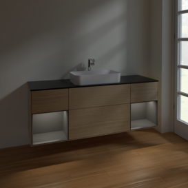 Тумба під раковину Villeroy & Boch Finion 160х50,1 см із підсвічуванням МДФ шпон дуба/скло чорне матове F332GKPC